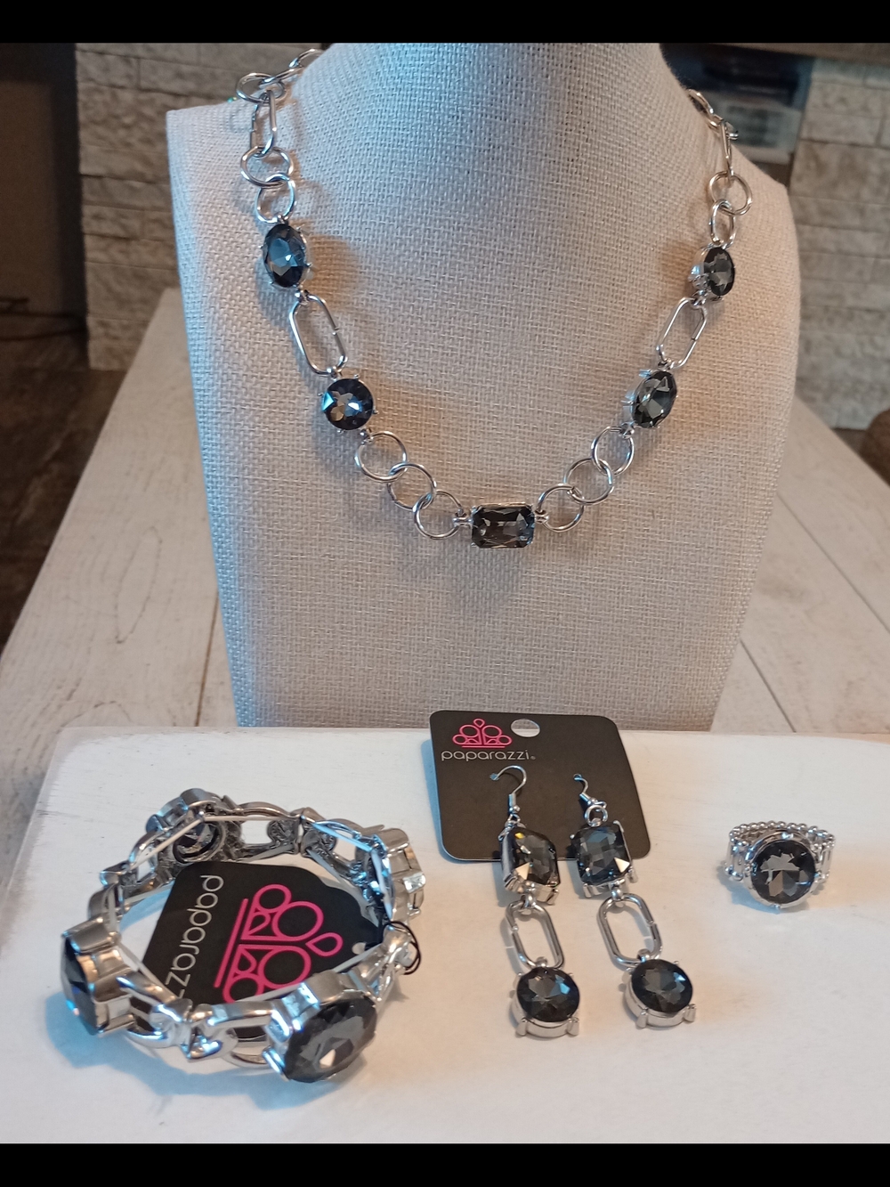 paparazzi Silver Hematite Gray Faceted Necklace, Bracelet, Earrings & Ring Set